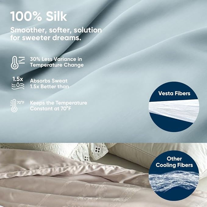Vesta Washable Silk Lightweight Comforter, Cooling Blanket for Hot Sleepers, 100% Long Staple Mulberry Silk, Moisture & Thermal Control for Summer Use (Skyline Blue, Full/Queen 90'' X 90'')