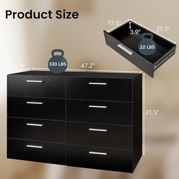Karl home 8 Drawer Dresser, Wood Black Vanity Drawer Cabinet, Bedroom Storage Cabinet TV Stand, Large Dresser Storage Chest with Deep Drawers, Bedroom Furniture