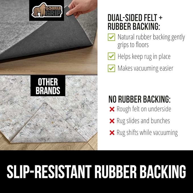 GORILLA GRIP Felt and Natural Rubber Stay in Place Slip Resistant Rug Pad, 1/8in Thick, 6x9 FT Protective Padding Under Area Rugs, Cushioned Gripper Pads, Carpet Runners, Hardwood Floors Protection