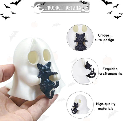 1 Pcs Halloween Ghost Figurine Cute Desktop Ornament Cute Cartoon Little Ghost Hugging Kitten Designs Resin Spooky Halloween Statue for Home Offince Art Display Decor Suppies
