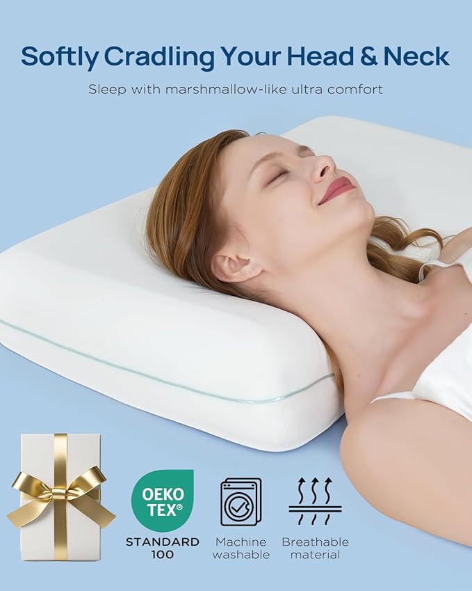 Cooling Soft Memory Foam Pillow, Cervical Neck Pillow for Side Sleepers, Back & Stomach Sleepers, Ergonomic Orthopedic Design for Neck Pain Relief and Deep Sleep, CertiPUR-US, White