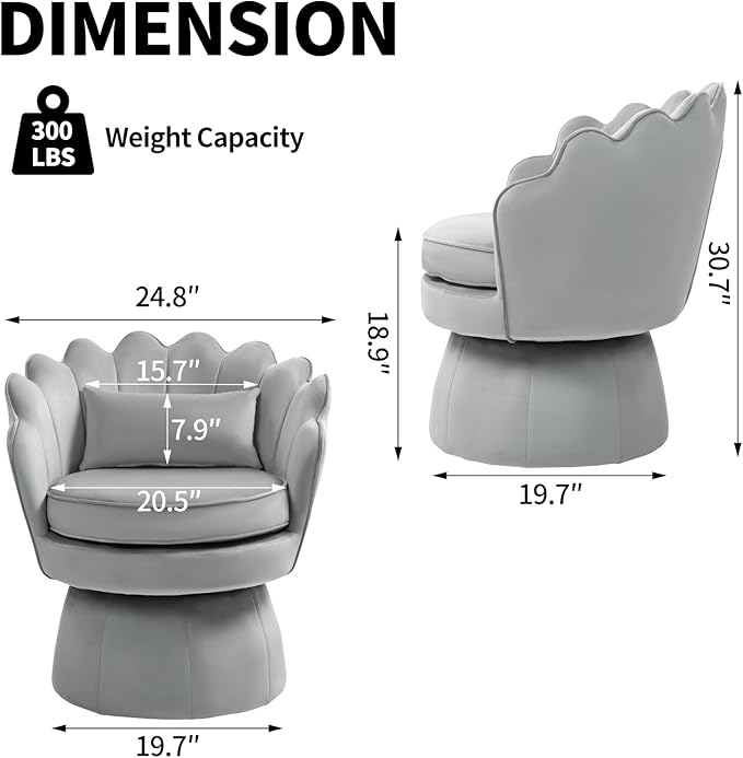 360° Swivel Accent Chairs Set of 2, Mid-Century Modern Velvet Barrel Chair, Comfy Shell Shape Chair with Lumbar Pillow for Living Room, Bedroom, Office, Grey