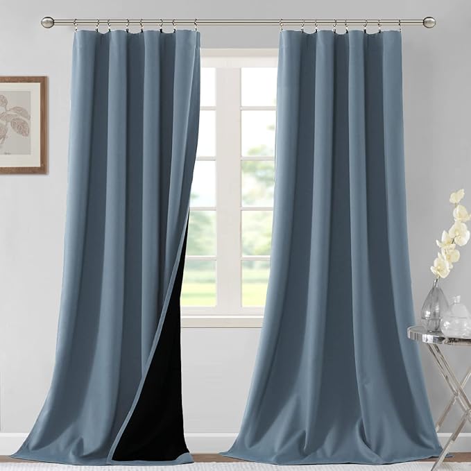 H.VERSAILTEX 100% Blackout Curtains for Bedroom Thermal Insulated Blackout Curtains 96 Inches Long Rod Pocket/Clip Rings Curtains for Living Room with Black Liner 2 Panels, Stone Blue