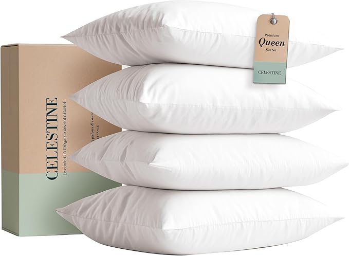 Celestine Queen Size Pillows Set of 4 – Soft Down Alternative Microfiber Filling, Plush White 20x28 Bed Pillows for Side and Back Sleepers, Breathable, Supportive, Machine Washable Pillow Set