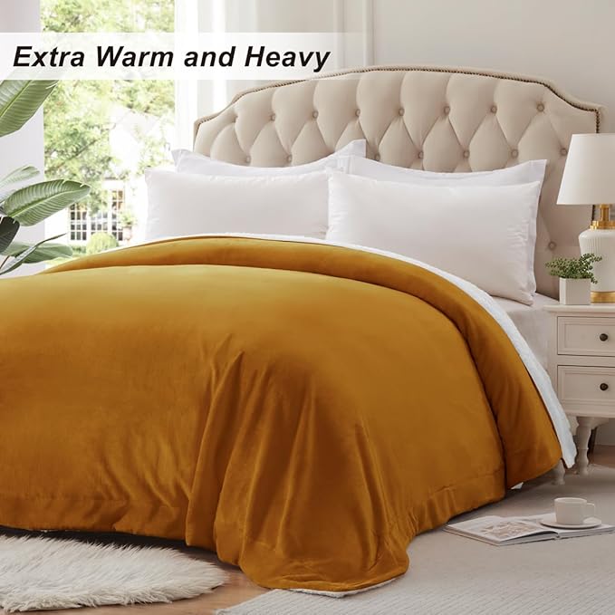 KAWAHOME Sherpa Fleece Queen Size Blanket for Bed - Extra Warm and Heavy Thick Blankets for Winter, Super Soft 500GSM Plush Blanket, 90"X 90" Ginger Yellow
