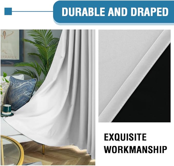 H.VERSAILTEX 100% Blackout Curtains for Bedroom Thermal Insulated Curtains & Drapes Blackout Curtains 54 Inches Long Rod Pocket Curtains for Living Room with Black Liner 2 Panels Set, Greyish White