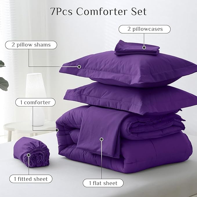 JOLLYVOGUE Full Comforter Set, Ultra-Soft Bed in a Bag Full Size 7 Pieces, Oeko-TEX Certified Bedding Set with Down Alternative Comforter, Sheets, Pillowcases & Shams, Purple