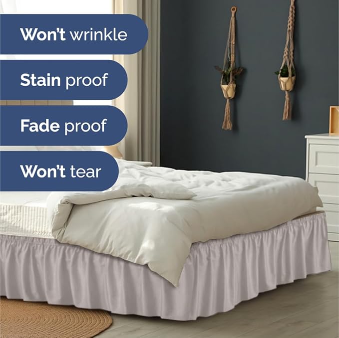 Wrap Around Dust Ruffle Bed Skirt - Light Grey - Twin/Twin XL Size Beds with 24 Inch Drop - Elastic Strap - Adjustable Pleated Bedskirt with Brushed Fabric and Wrinkle Free - Women, Men, Kids & Teens