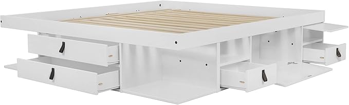 memomad Bali Slim Set: Storage Platform Bed with Drawers + Flat Panel Headboard (Queen Size, White Wood)