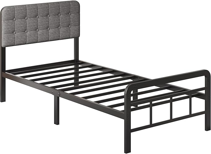 12 Inch Twin Bed Frames with Upholstered Headboard and Metal Footboard, No Box Spring Needed, Heavy Duty Twin Metal Mattress Foundation, Noise Free, Easy Assembly