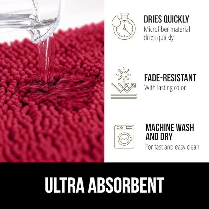 GORILLA GRIP Bathroom Rug Sets, Soft Chenille 2 Piece Area Rugs Set, Toilet Base Mat and 30x20 Carpet, Absorbent Microfiber Washable Mats Dry Quickly, Home Décor and Bath Room Accessories, Red