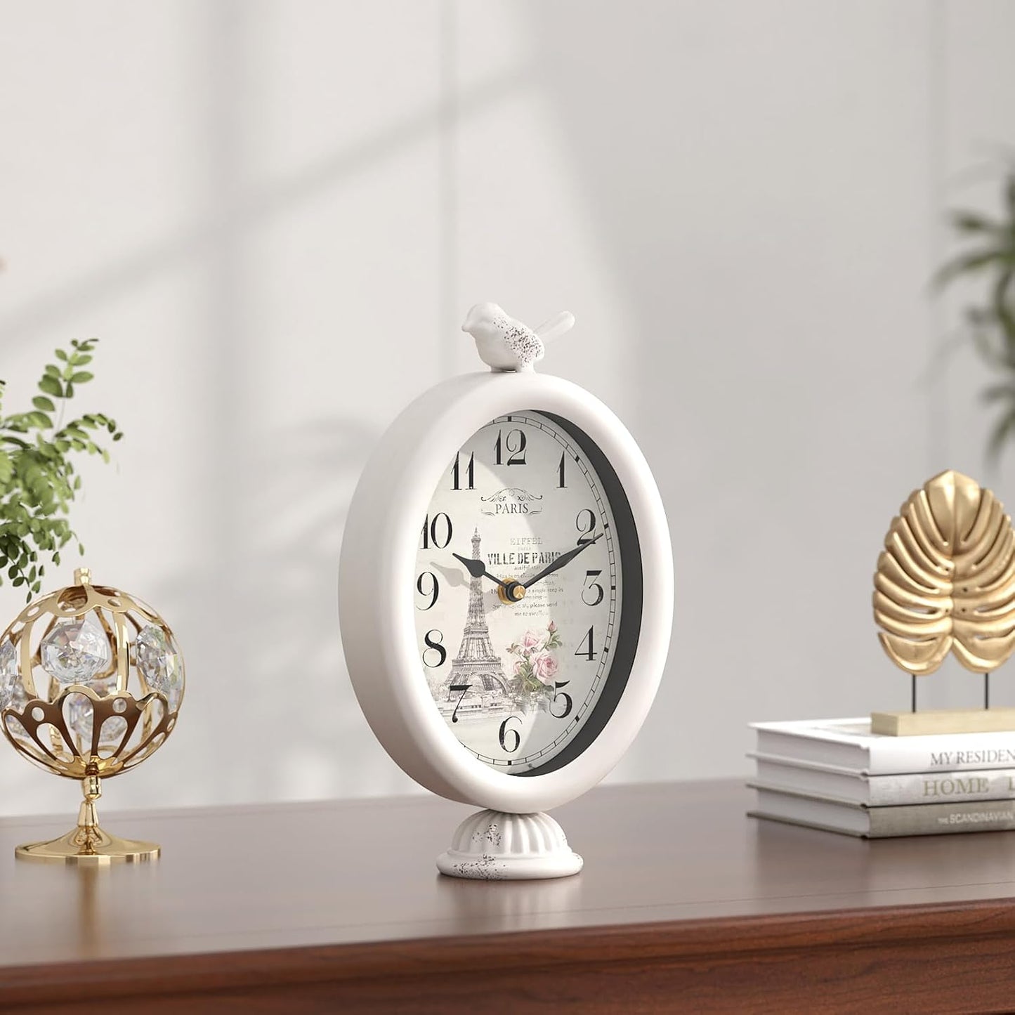 Vintage Table Clock with Bird, Desk and Shelf Decor Clock, French Paris Style, Antique White Metal Mantel Clocks for Living Room, Farmhouse, Bedroom, Bedside, Gift (10" H x 5.9" W)