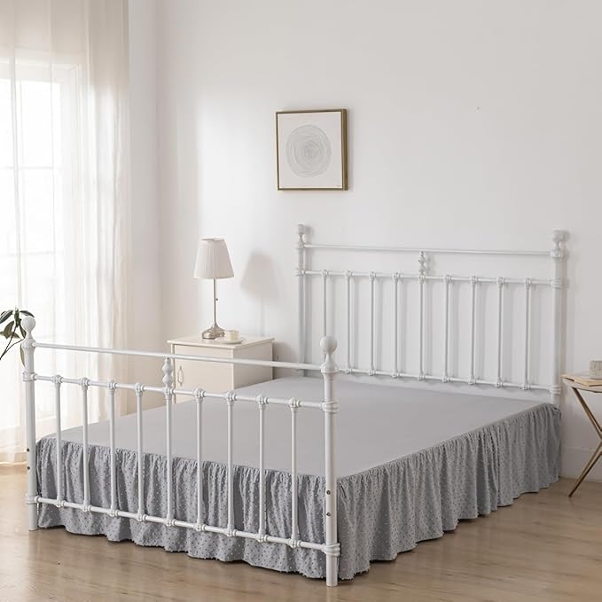 Tufted Dot Bed Skirt King Size Ruffled Bed Skirt with Split Corners, 18 Inch Drop Dust Ruffle Bed Skirts with Platform, Light Grey