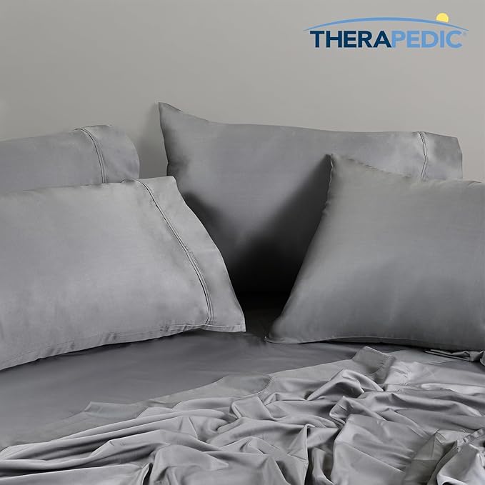 Therapedic 1000TC Queen 6-Piece Sheet Set - 100% Organic Rayon Derived from Bamboo Blend with Cooling Fiber, Ideal for Hot Sleepers - 16" Deep Pocket Fitted Sheet, Bonus Pillowcases - Dark Grey
