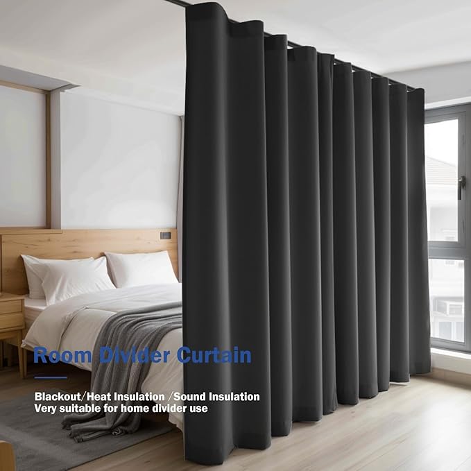 Room Divider Blackout Curtain Track Curtains Wall Dividers Panels Screen for Living Rooms Bedroom Office Privacy Partition Separation, W150 × L108 Inch,1 Panel, Black