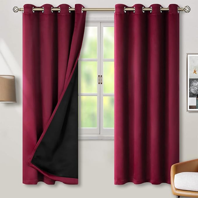 BGment Thermal Insulated 100% Blackout Curtains 72 Inch Length 2 Panels, Total Light Blocking Curtains for Bedroom, Grommet Window Drapes with Thick Black Liner, 52 Inch Wide Each Panel, Burgundy Red