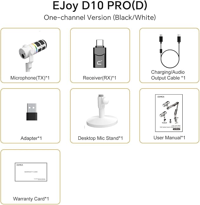 COMICA D10 Pro D Wireless/XLR/USB Dynamic Microphone with Receiver Desktop Stand- Dual Channel Cardioid Mic, 45H Battery, RGB Lights, CalMix Denoise for Gaming/Streaming/PD(PC, PS4/5, Mac,Phone-White