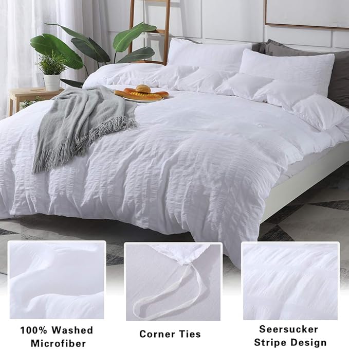 AveLom White Duvet Cover Queen (90 x 90 Inches)， 3 Pieces (1 Duvet Cover + 2 Pillow Cases) Stripe Zipper Closure Corner Ties Soft Washed Microfiber Duvet Cover for Men, Women