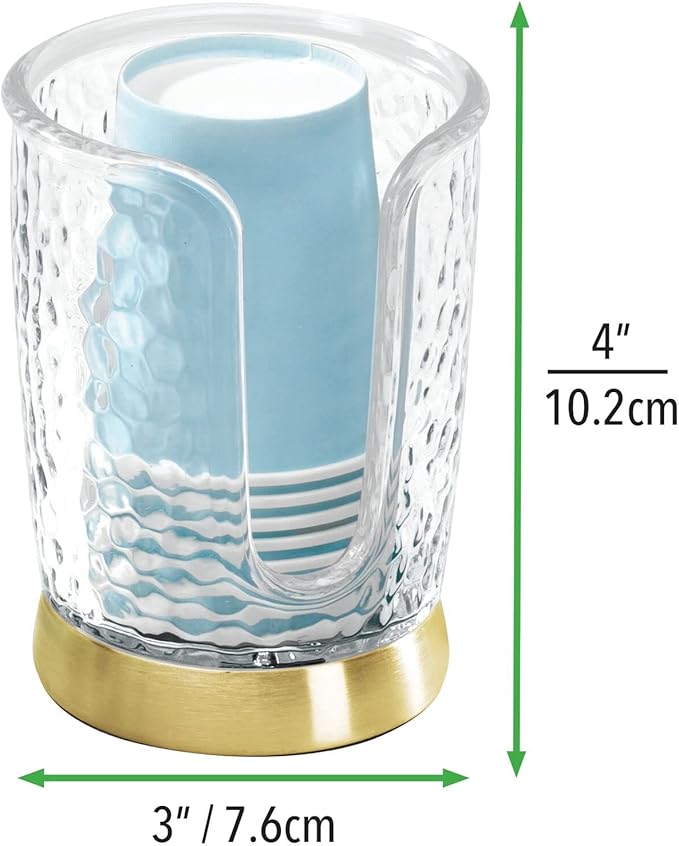 mDesign Plastic/Steel Compact Small Disposable Paper Cup Dispenser Storage Holder for Rinsing Cups on Bathroom Vanity Countertops - Rain Collection - Clear/Soft Brass