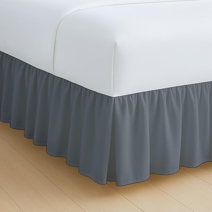 Rajlinen Ruffled Bed Skirt Twin, 16 Inch Drop Dust Ruffle with Split Corners, 100% Microfiber Bedskirt with Platform, Three-Sided Coverage Ruffled Gathering Design, Dark Grey