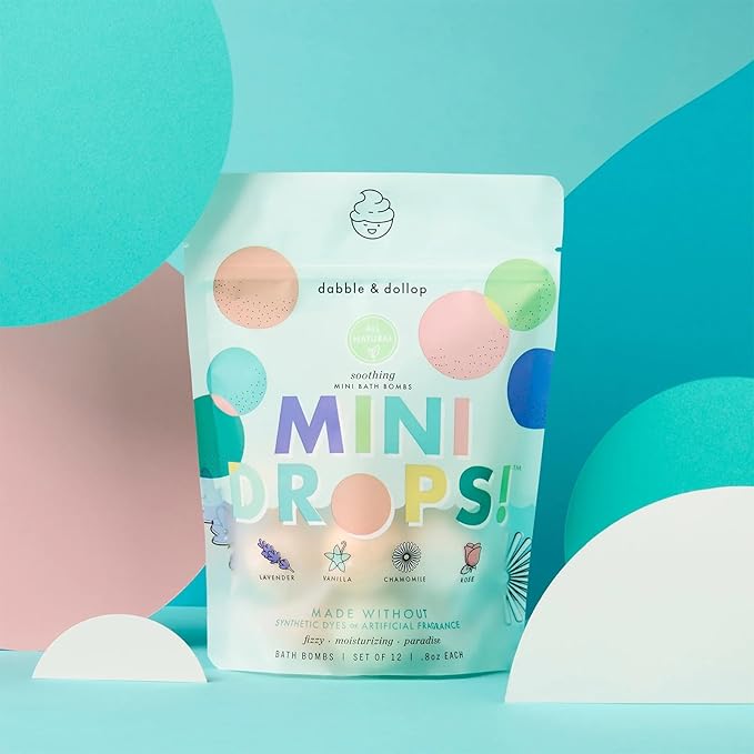 Dabble & Dollop Mini Bath Bombs, 100% Natural Droplets for Kids, Soothing Scents - Resealable Pouches, Fizzy, Moisturizing & Fun, Vegan, Gluten-Free, Cruelty-Free (Set of 24)