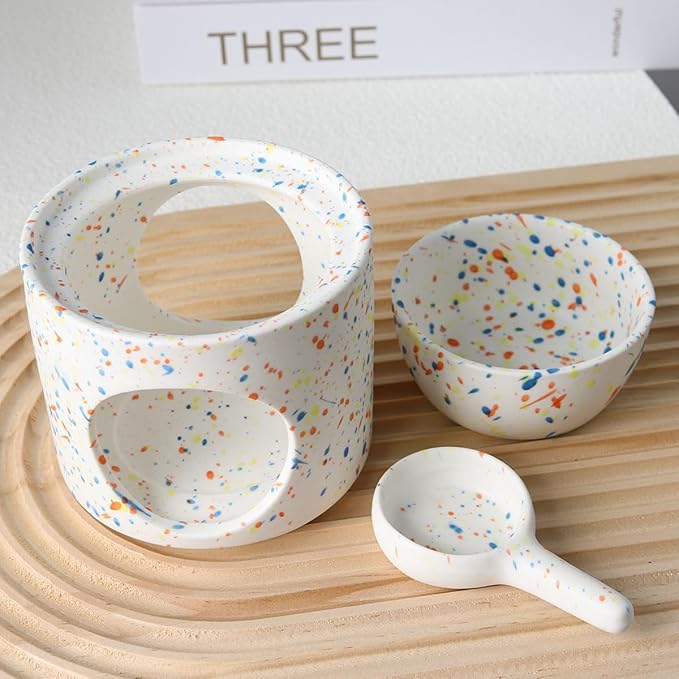 Ceramic Fragrance lamp with Tea Light Holder | Aroma lamp | Scented Oil and Scented Wax Diffuser | H*11cm ø10cm Removable Bowl | Grooved Surface (Multicolor)