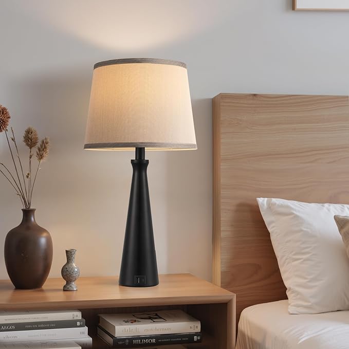 Seealle Modern Table Lamps Set of 2 - Touch Bedside Lamp for Nightstand with Dual USB C+A,3-Way Dimmable Black Nightstand Lamps for Living Room Bedroom End Table with Grey Shade(Bulb Included)