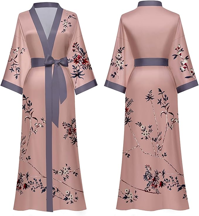 Silk Satin Robe for Women Long Japanese Kimono Robe Lightweight Soft Bathrobe Floral Luxury Dressing Gown