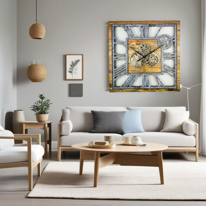 The Gears Clock 24'' Inch Square Real Moving Gear Wall Clock Vintage Industrial Oversized Rustic Farmhouse (Wood and Stone)