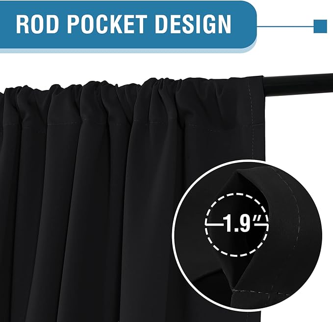 H.VERSAILTEX 100% Blackout Curtains for Bedroom Thermal Insulated Blackout Curtains 96 Inches Long Rod Pocket Window Drapes for Living Room with Black Liner 2 Panels Set, Jet Black