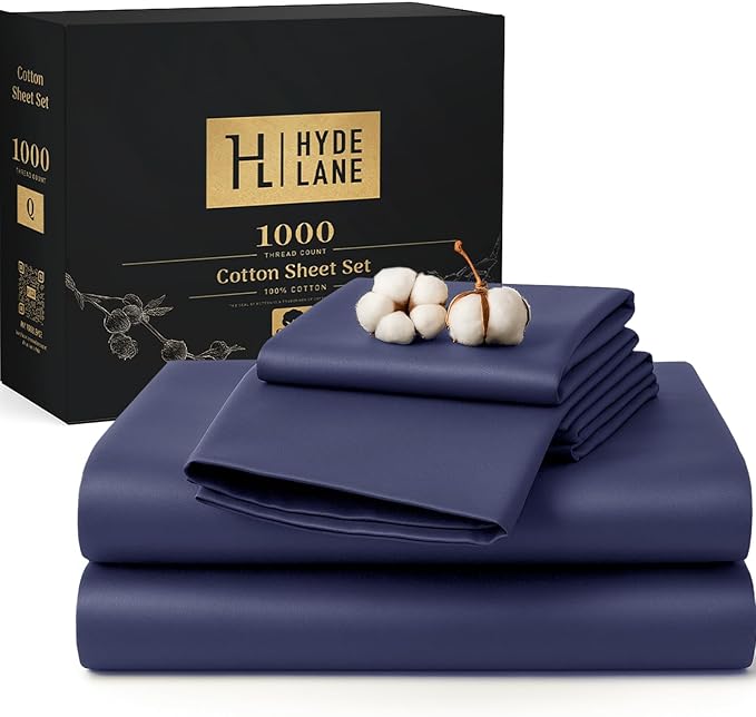 Hyde Lane Luxury 1000 Thread Count 100% Cotton Sheets | Very Soft & Thick - Fits Upto 20" Mattress | Sateen Weave Bed Sheets 18" Deep Pocket- 4 PC Sheet Set (Navy, California King)