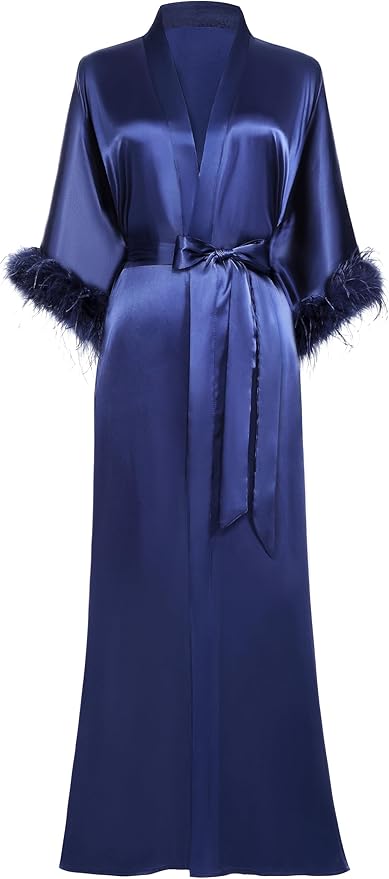 PRODESIGN Satin Kimono Robe Long Silky Bathrobe with Ostrich Feather Trim Sleepwear Wedding Bridesmaid Dressing Gown