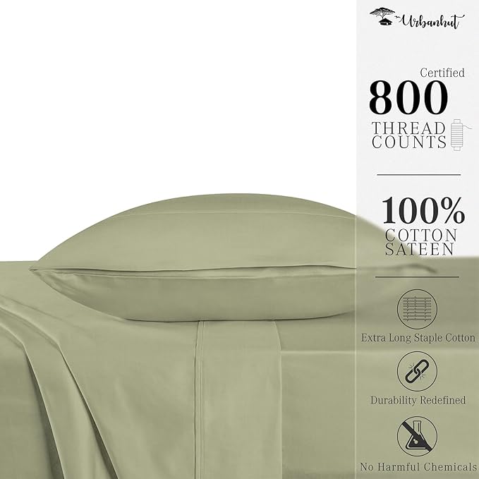 URBANHUT 800 Thread Count 100% Cotton Twin Size Sheets, Luxury 4 Piece Twin Bedsheets, Hotel Sheets Sateen Finish - Better Than Egyptian, 14" Elasticized Deep Pocket - Sage