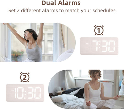 uscce Wooden Digital Alarm Clocks for Bedrooms: Dimmable Dual Alarm Clock with Large Numbers for Bedside Desk - Loud Alarm for Heavy Sleepers with Volume Control - Wood Decor & Gifts