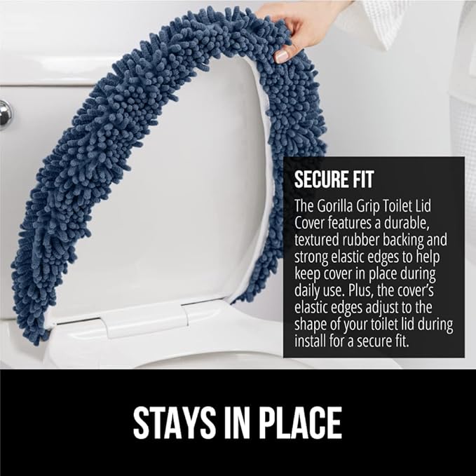 GORILLA GRIP Soft Chenille Bathroom Toilet Lid Cover, Machine Washable Seat Covers, 19.5x18.5, Stays in Place Rubber Backing, Fits Most Round, Elongated and Oblong Lids, Accessories Decor, Navy Blue