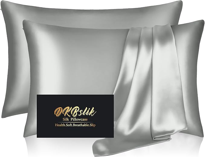 Silk Pillow Cases 2 Pack, Mulberry Silk Pillowcases Standard Set of 2, Smooth, Anti Acne, Both Sides Natural Silk Satin Pillow Cases for Sleeping Women 2 Pack with Zipper, Silver Grey