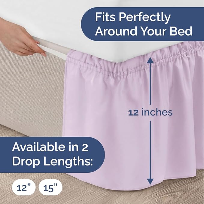 Wrap Around Dust Ruffle Bed Skirt - Light Lavender - for King Size Beds w/ 12 Inch Drop - Easy Fit Elastic Strap - Adjustable Pleated Bedskirt w/Brushed Fabric Wrinkle Free, Women, Men, Kids & Teens