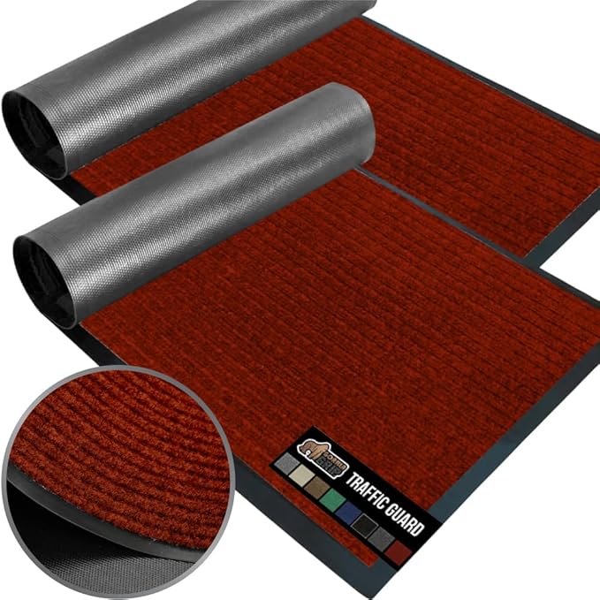 GORILLA GRIP Waterproof Traffic Guard Door Mat, 2 Pack Heavy Duty Entryway Mats, Strong Rubber Back Commercial Utility Rugs for Office Hallway, Garage Floor and Home, Low Profile Carpet, 35x23, Red