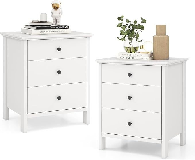 Giantex Nightstand with 3 Drawers Set of 2, Wooden Side End Table with Solid Wood Legs, Retro 3-Drawer Bedside Table Night Stand for Bedroom Home Office Small Space, Easy Assembly, White