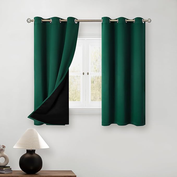 BGment Short 100% Blackout Curtains for Bedroom, Thermal Insulated Energy Efficiency Noise Reducing Grommet Curtains 45 Inch Length with Liner for Small Window 2 Panels Each 42 Inch Wide, Emerald