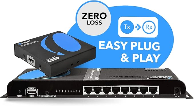 OREI 1080P 1x8 HDMI over Ethernet Extender Splitter CAT6/7 Over Cable Full HD with IR Remote EDID Management - Up to 400 Ft - Low Latency - Full Support, 1x8 upto 395 FT (HD-EX108)