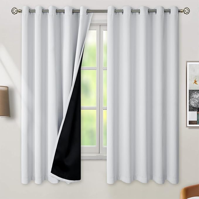 BGment Greyish White 100% Blackout Curtains for Bedroom 63 Inch Length 2 Panels Set, Thermal Insulated Full Light Blocking Grommet Noise Cancelling Window Curtains for Nursery, 60 Inch Wide Each