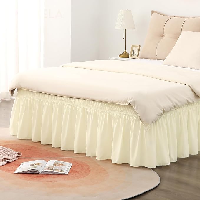 RIMELA Cream Yellow Bed Skirt Full Size 15 Inch Drop, Elastic Bed Skirting for Bed Base and Frame, Bedding Dust Ruffle Easy to Install, Lightweight Wrap Around Adjustable Bedskirt