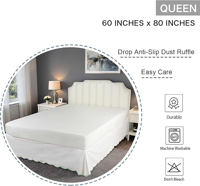 HIG Off-White Chic Queen XL Bed Skirt - Easy Fit Scallop Edge Pleated Bedskirts, 14 Inch Drop Anti-Slip Dust Ruffle, Thick Fabric for Enhanced Privacy, Pre-Washed for Long-Lasting Use(N60022)