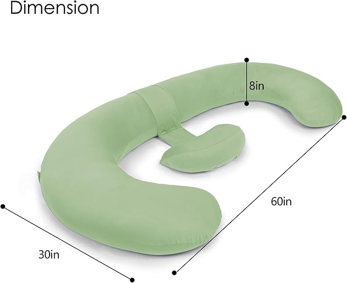 QUEEN ROSE Cooling Pregnancy Pillows - E Shaped Pregnancy Pillows for Sleeping, Detachable Body Pillow for Pregnant Side Sleeper, Cooling Silky Cotton Cover, Sage Green