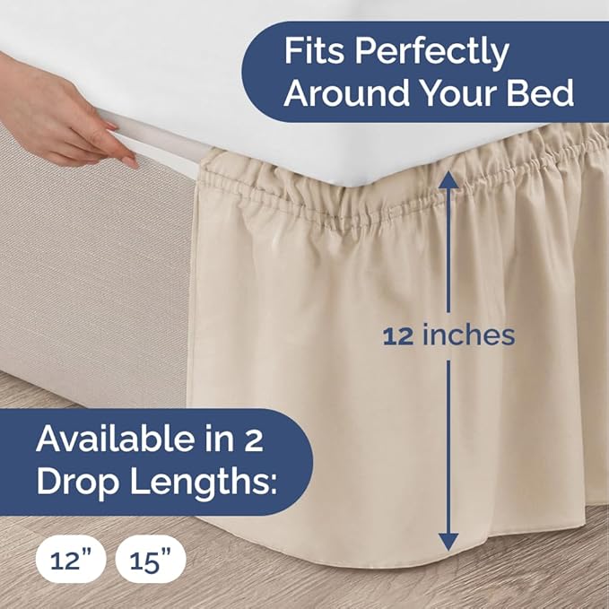 Wrap Around Dust Ruffle Bed Skirt - Wheat - Twin/Twin XL Size Beds w/ 12 Inch Drop - Easy Fit Elastic Strap - Adjustable Pleated Bedskirt w/Brushed Fabric - Wrinkle Free - Women, Men, Kids & Teens