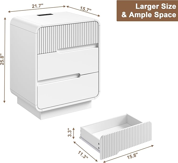 9 Drawer Dresser and 2 Nightstand Sets for Bedroom 3 Pcs Bedroom Set, Modern 57.9" Fluted Dresser with Invisible Handles Nightstand Charging Station, Bedroom Furniture Set for Living Room, White
