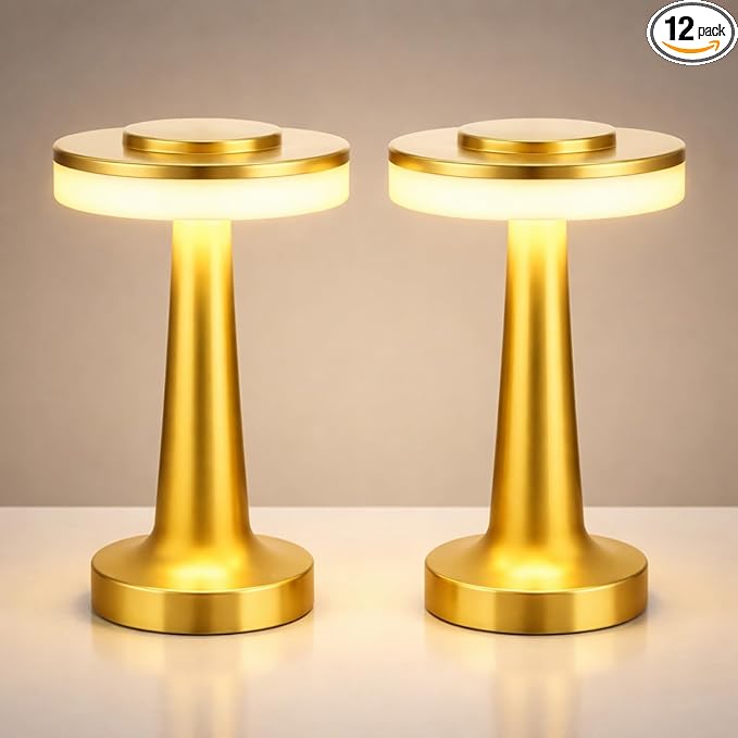 VIHOSE Cordless Table Lamps LED Portable Rechargeable Table Lamp with Touch Sensor 3 Color Dimming up to 15 Hours Battery Desk Light for Restaurant Nursery Living Room(Gold,12 Pcs)