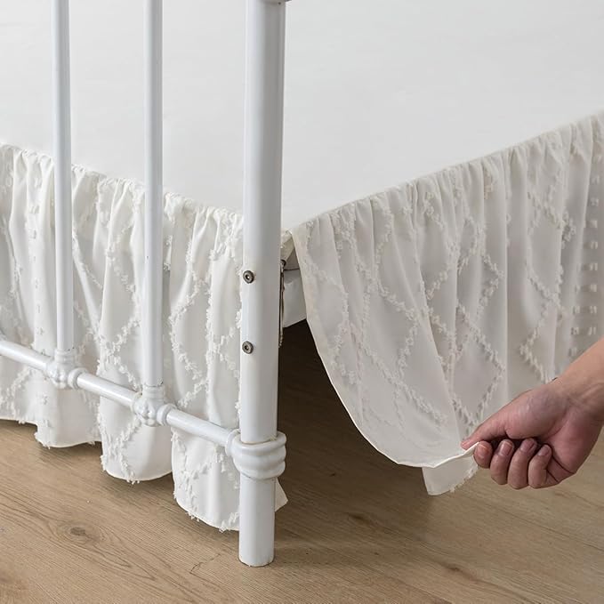 Bed Skirt Twin Size Ruffled Bed Skirt with Split Corners, 14 Inch Drop Dust Ruffle Bed Skirts with Platform, Boho Tufted Shabby Chic Full Size Bed Skirts, Ivory