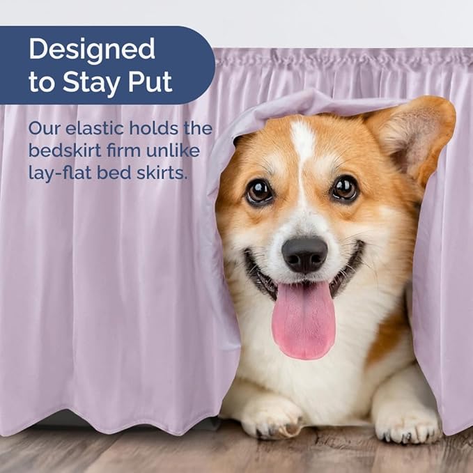 Wrap Around Dust Ruffle Bed Skirt - Light Lavender - for King Size Beds w/ 12 Inch Drop - Easy Fit Elastic Strap - Adjustable Pleated Bedskirt w/Brushed Fabric Wrinkle Free, Women, Men, Kids & Teens